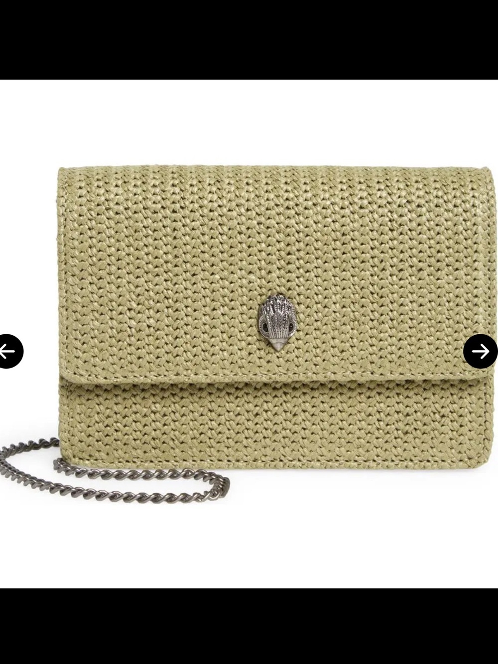 Kurt Geiger Olive Woven Clutch with Silver Chain and Emblem